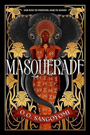 кавер на «Masquerade» О.О. Сангоёми; иллюстрация чернокожей женщины в красно-золотом платье и головном уборе, стоящей перед слоном
